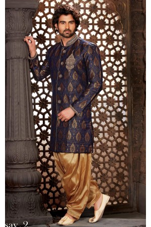 Designer Gold Navy Blue Indo Western Sherwani